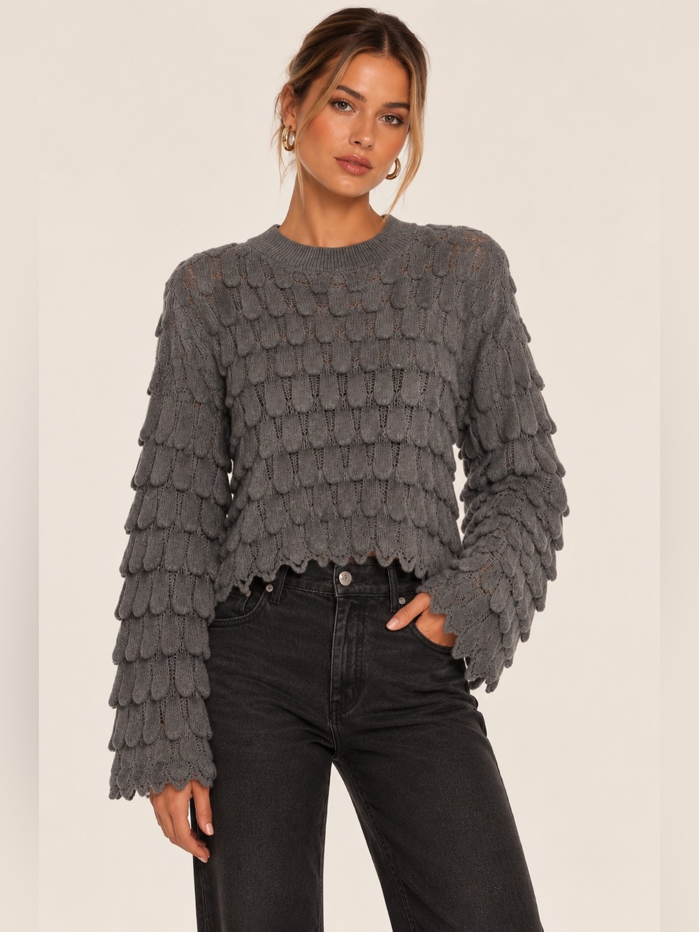 NWT Charcoal Scallop Knit Long Sleeve Sweater